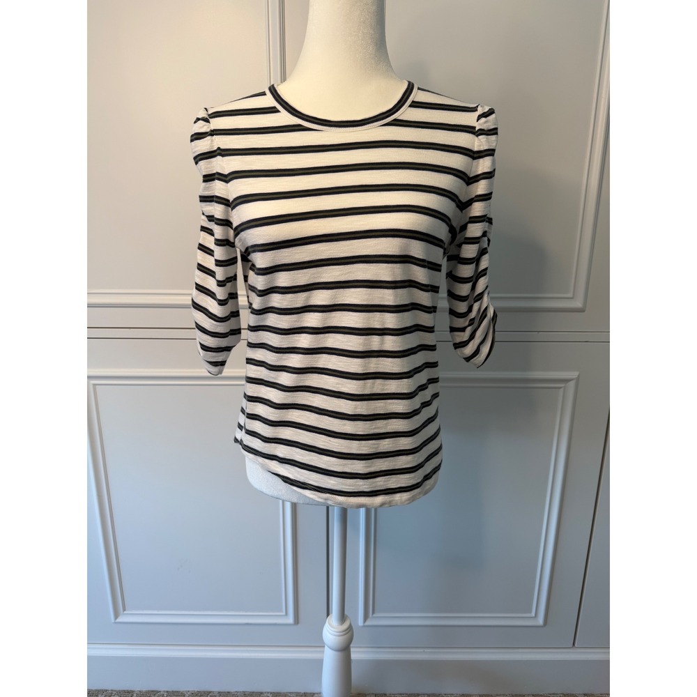 Veronica Beard Top Womens S White Navy Striped Ruched 3/4 Sleeve Excellent Pima